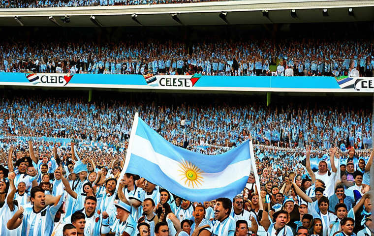 **A packed stadium during a Uruguay vs. Argentina match.** The Uruguayan fans on one side create a "sea of Celeste" with their flags and jerseys, passionately singing. On the other side, the Argentine fans form an "Albiceleste Armada," equally fervent, creating a vibrant and electrifying atmosphere. Capture the intensity of the derby day rituals and the unwavering support of both sets of fans.