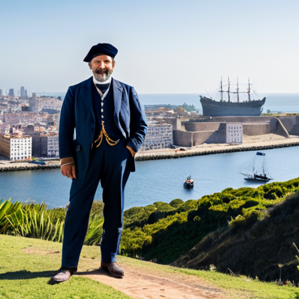 An 18th-century Spanish colonial architect, fully clothed in modest professional attire, stands on a hillside overlooking the nascent city of Montevideo. In the background, early fortifications are being constructed, and the deep, strategic harbor of the Río de la Plata is dotted with tall ships. The scene conveys the foundational development of a strategic bastion. Perfect anatomy, correct proportions, natural pose, well-formed hands, proper finger count, natural body proportions, professional photography, high quality, safe for work, appropriate content, family-friendly, appropriate attire.