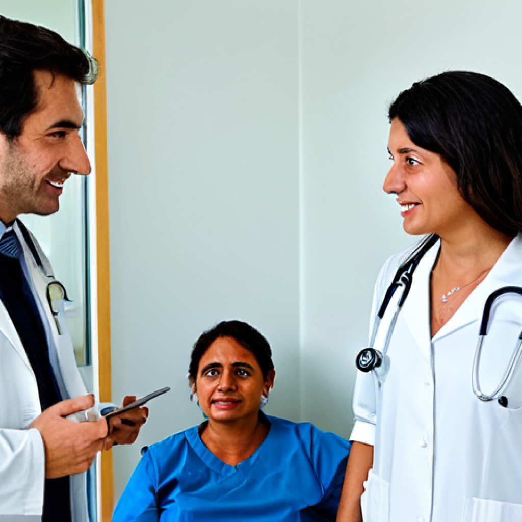 우루과이 의료 시스템 - "A diverse group of people in a modern Uruguayan clinic, talking with a doctor. The setting is clean...