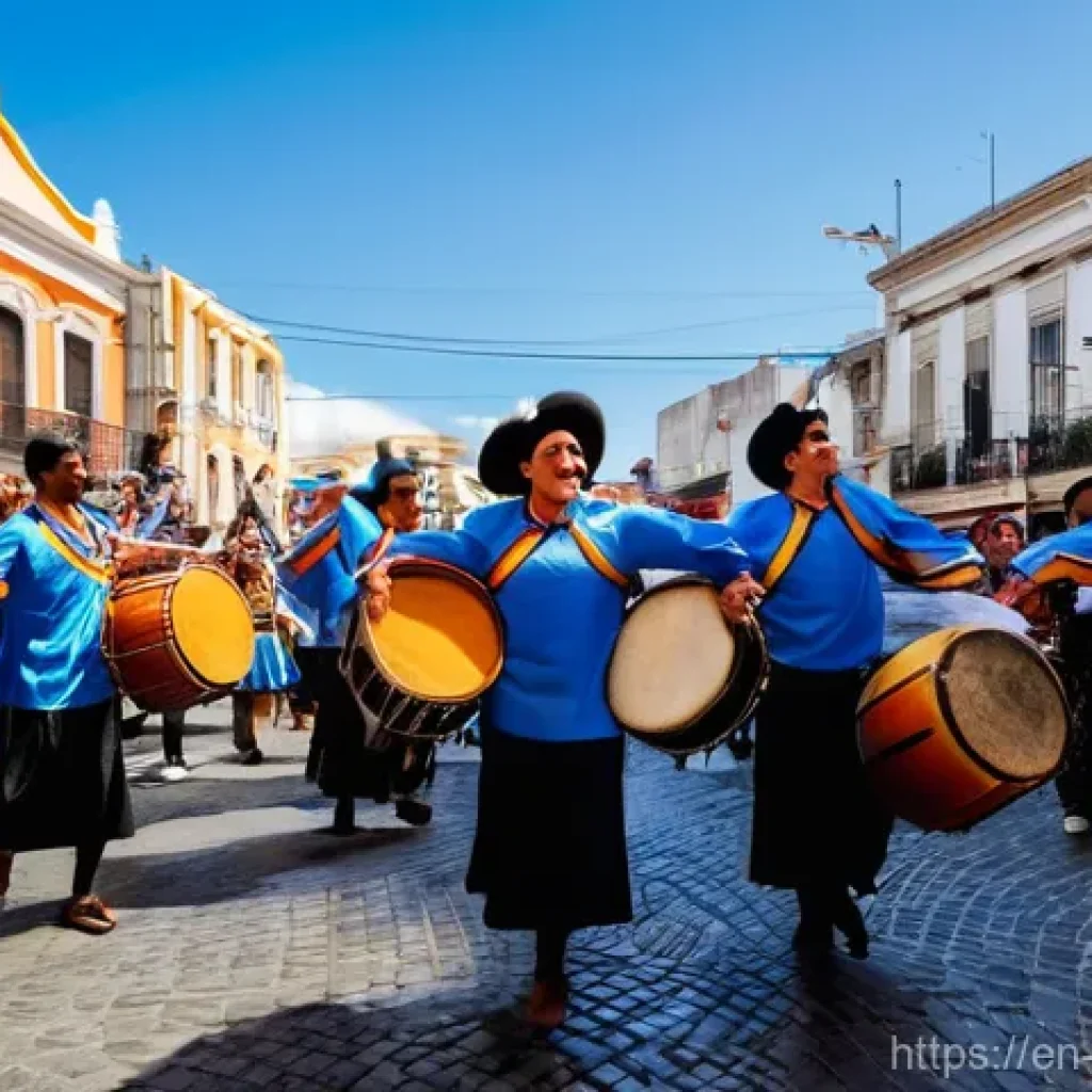 우루과이 음악과 전통 춤 - **Candombe Street Celebration in Montevideo:**
    A vibrant and energetic scene depicting a "Llamad...