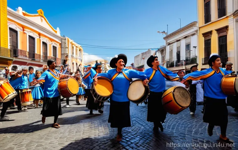 우루과이 음악과 전통 춤 - **Candombe Street Celebration in Montevideo:**
    A vibrant and energetic scene depicting a "Llamad...