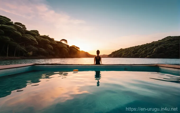 우루과이 온천 여행 - **Prompt:** A serene, wide-angle shot of a person gracefully floating on their back in a naturally h...