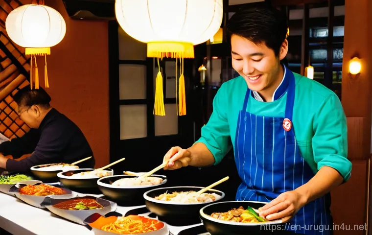 우루과이에서 한국인 커뮤니티 - A bustling, cozy Korean restaurant in a lively neighborhood of Montevideo, Uruguay. The interior is ...