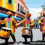 칸돔베 Candombe  전통 음악 - A vibrant street scene during the Afro-Uruguayan carnival featuring a dynamic Candombe drum ensemble...