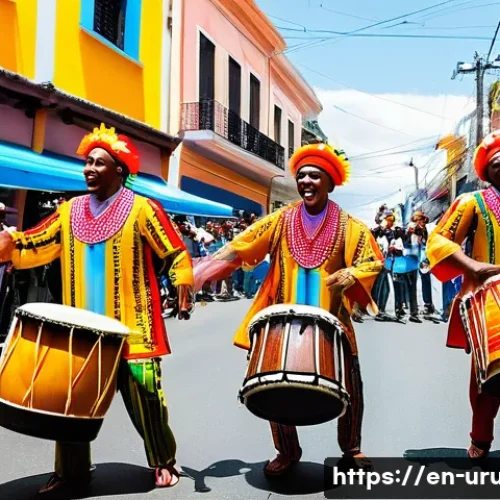 칸돔베 Candombe  전통 음악 - A vibrant street scene during the Afro-Uruguayan carnival featuring a dynamic Candombe drum ensemble...