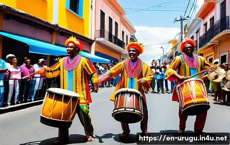 칸돔베 Candombe  전통 음악 - A vibrant street scene during the Afro-Uruguayan carnival featuring a dynamic Candombe drum ensemble...