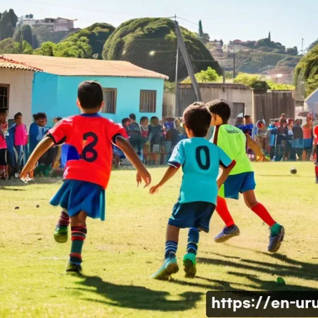 우루과이에서 인기 있는 스포츠 - A vibrant neighborhood soccer scene in Uruguay during a sunny weekend afternoon, featuring children ...
