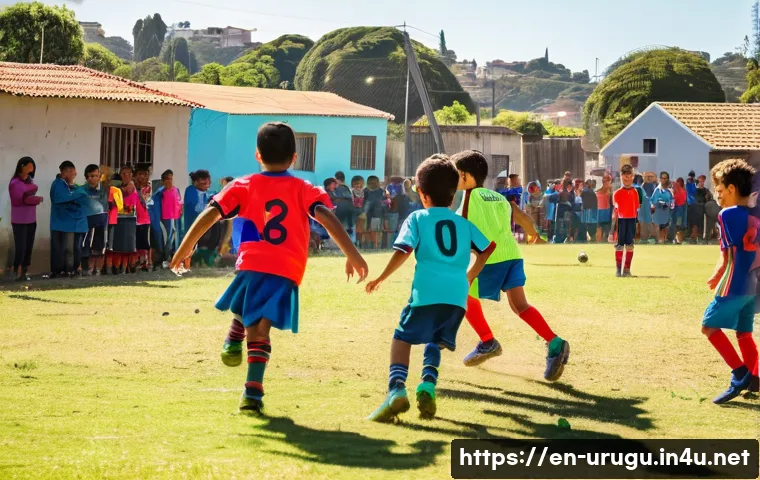 우루과이에서 인기 있는 스포츠 - A vibrant neighborhood soccer scene in Uruguay during a sunny weekend afternoon, featuring children ...