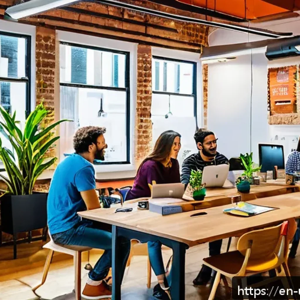 우루과이 스타트업 환경 - A vibrant co-working space in Montevideo, Uruguay, bustling with diverse startup founders and develo...