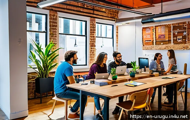 우루과이 스타트업 환경 - A vibrant co-working space in Montevideo, Uruguay, bustling with diverse startup founders and develo...