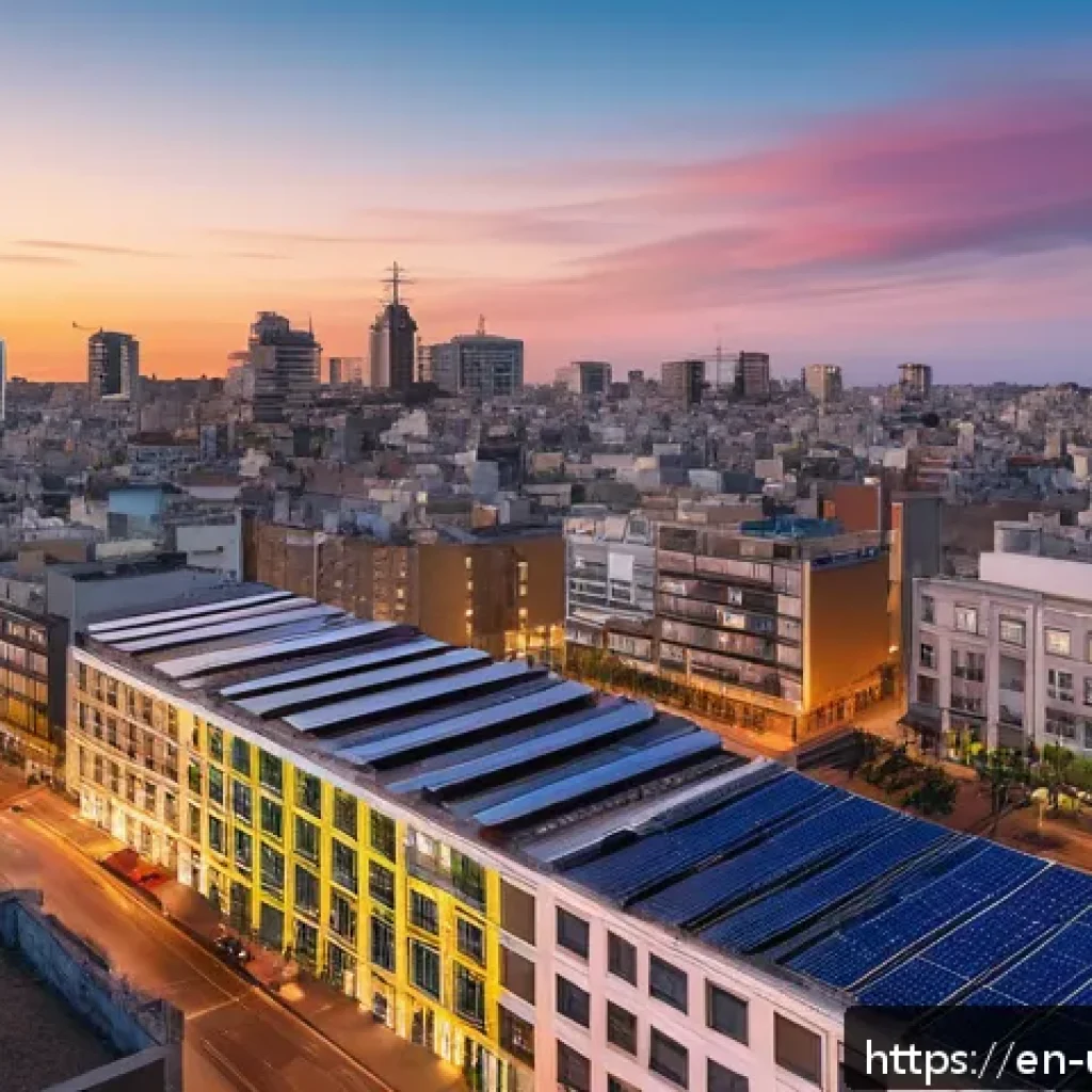 우루과이와 미국 관계 - A vibrant modern cityscape of Montevideo at dusk, showcasing smart city technology with digital bill...