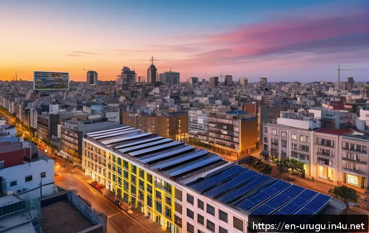 우루과이와 미국 관계 - A vibrant modern cityscape of Montevideo at dusk, showcasing smart city technology with digital bill...