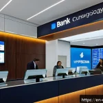 우루과이에서 은행 계좌 개설 - A modern Uruguayan bank interior with a diverse group of foreigners and locals interacting with mult...
