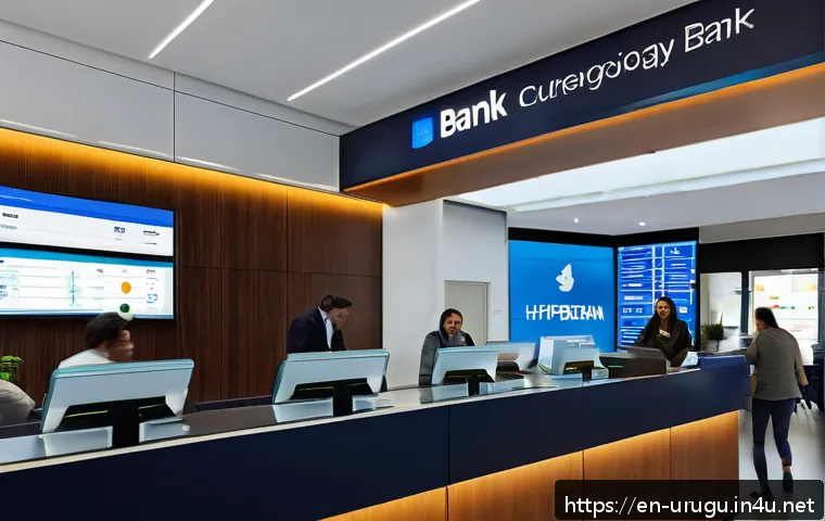 우루과이에서 은행 계좌 개설 - A modern Uruguayan bank interior with a diverse group of foreigners and locals interacting with mult...