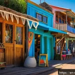 푼타 델 에스테 여행 - A vibrant street scene in La Barra, Punta del Este, featuring colorful bohemian architecture with ru...