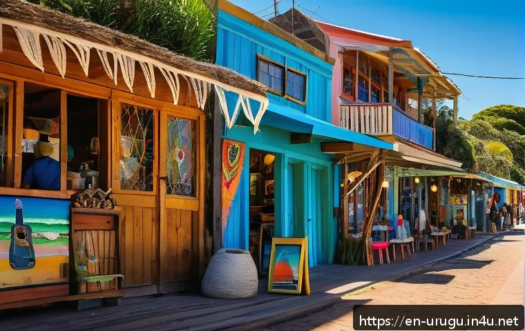 푼타 델 에스테 여행 - A vibrant street scene in La Barra, Punta del Este, featuring colorful bohemian architecture with ru...