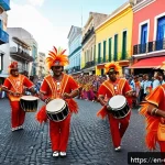 카니발 데 우루과이 - A vibrant street scene from Uruguay&rsquo;s carnival featuring a group of &ldquo;tamborileros&rdquo; drummers playing ...