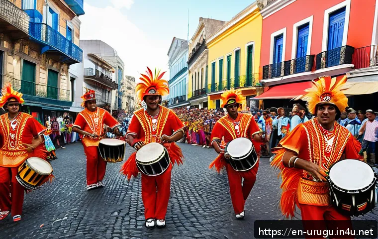 카니발 데 우루과이 - A vibrant street scene from Uruguay&rsquo;s carnival featuring a group of &ldquo;tamborileros&rdquo; drummers playing ...