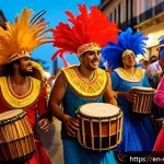 우루과이 유명 축제 - A vibrant street scene during Uruguay&rsquo;s Carnival parade at night, featuring a diverse group of perfo...