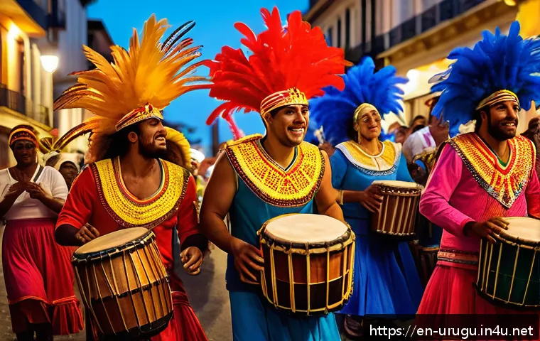 우루과이 유명 축제 - A vibrant street scene during Uruguay’s Carnival parade at night, featuring a diverse group of perfo...
