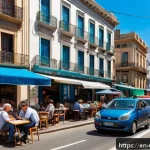 우루과이 치안 상황 - A lively Montevideo street scene during the day featuring a safe, bustling neighborhood like Pocitos...