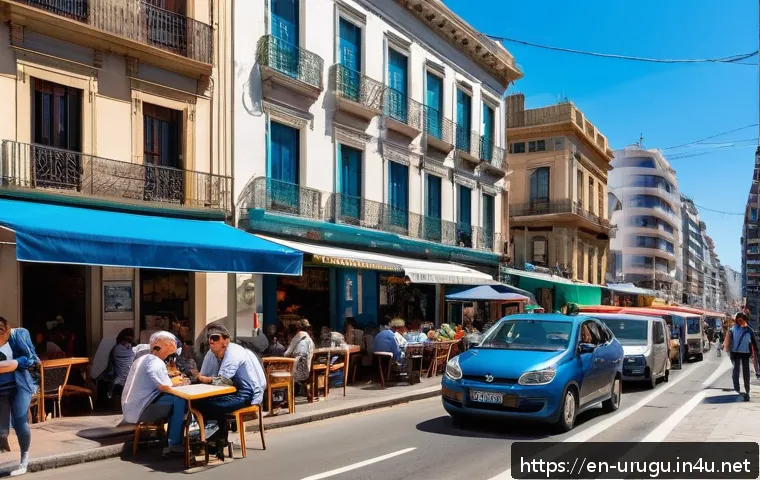 우루과이 치안 상황 - A lively Montevideo street scene during the day featuring a safe, bustling neighborhood like Pocitos...