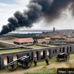 몬테비데오 포위전 - A detailed historical scene of early 19th-century Montevideo under siege: fortified city walls with ...