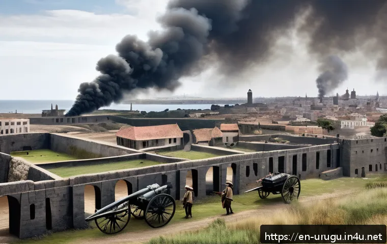 몬테비데오 포위전 - A detailed historical scene of early 19th-century Montevideo under siege: fortified city walls with ...