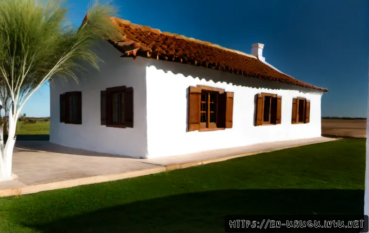 우루과이의 전통 가옥 스타일 - Photorealistic exterior of a traditional rural Uruguayan estancia house, single-story whitewashed ad...