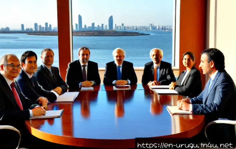 Home 31 우루과이와 국제사회 - Photorealistic international diplomatic meeting in Montevideo, Uruguay, diverse delegates in profess...