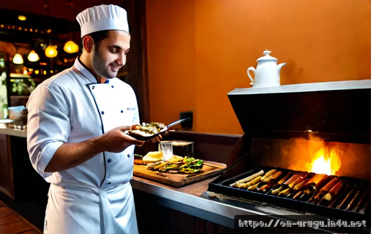 Home 17 우루과이 레스토랑 추천 - Photorealistic inviting Uruguayan parrilla restaurant in Montevideo, warm evening light, a skilled c...