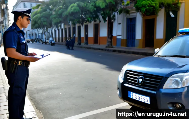Home 17 우루과이에서 범죄 피해 대처법 - Photorealistic scene in Montevideo, Uruguay: a calm adult traveler speaking with two helpful police ...