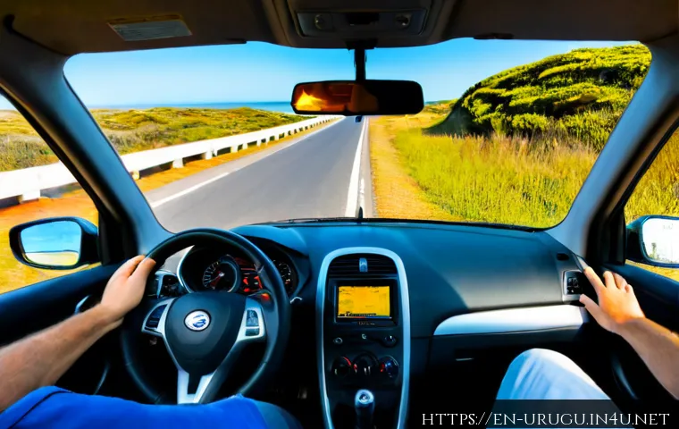 우루과이에서 운전하기 - Photorealistic wide-angle view from inside a modern compact rental car driving along Uruguay’s coast...