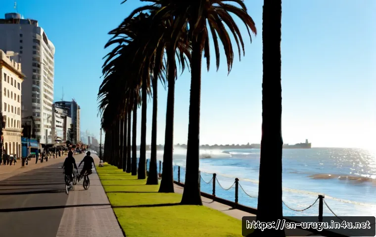 몬테비데오 여행 코스 - Photorealistic travel scene in Montevideo, Uruguay: a sunlit view along the Rambla waterfront promen...